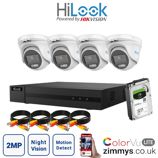 Hikvision HiLook 2MP CCTV Kit 4 Channel DVR (DVR-204G-F1) with 4x Turret (THC-T129M White) and 1TB HDD