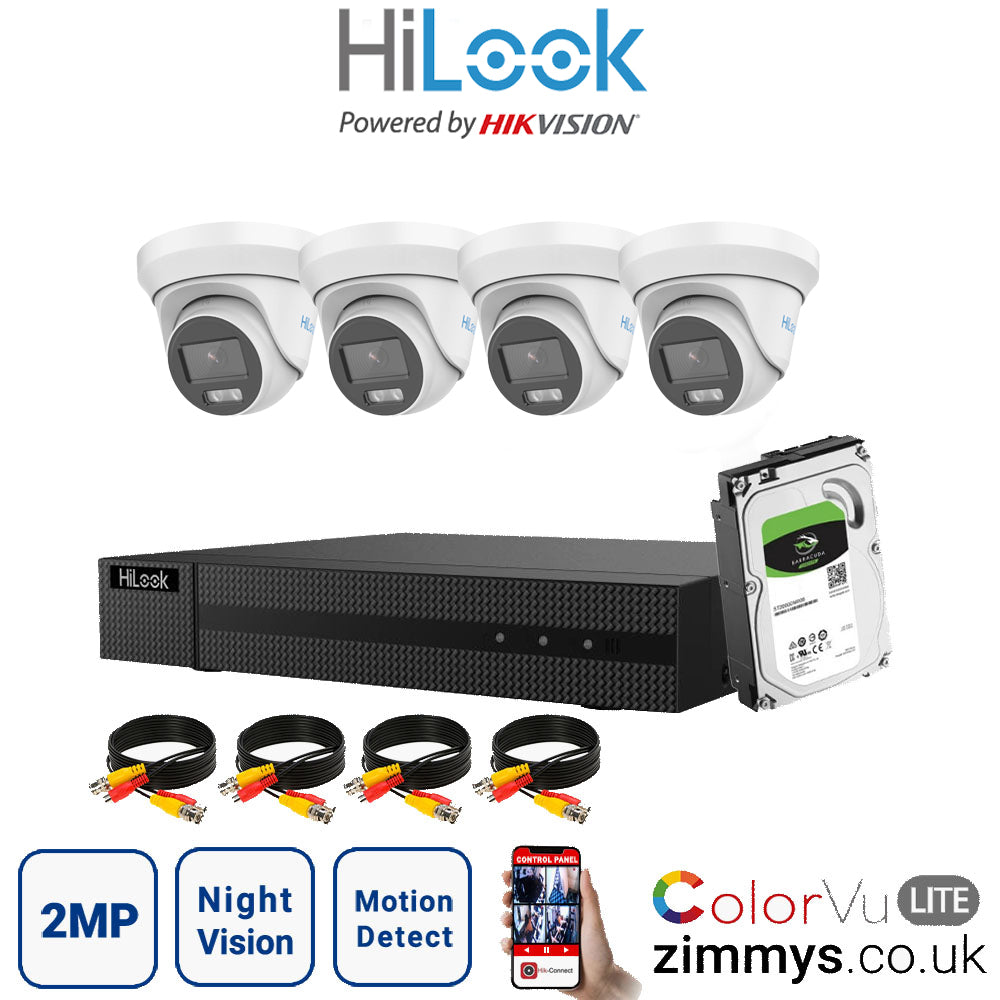 Hikvision HiLook 2MP CCTV Kit 4 Channel DVR (DVR-204G-F1) with 4x Turret (THC-T229M White) and 1TB HDD