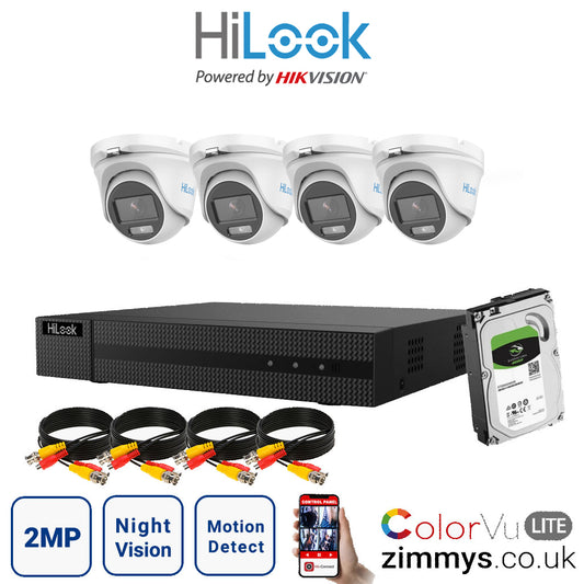 Hikvision HiLook 2MP CCTV Kit 8 Channel DVR (DVR-208G-F1) with 4x Turret (THC-T129-M White) and 2TB HDD