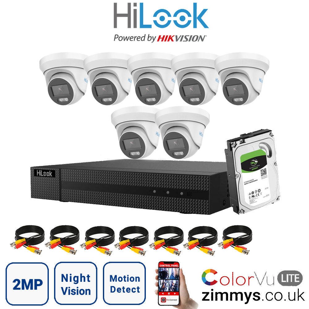 HIKVISION HiLook 2MP CCTV Kit 8 Channel DVR (DVR-208G-F1) with 7x Turret (THC-T229M White) and 2TB HDD