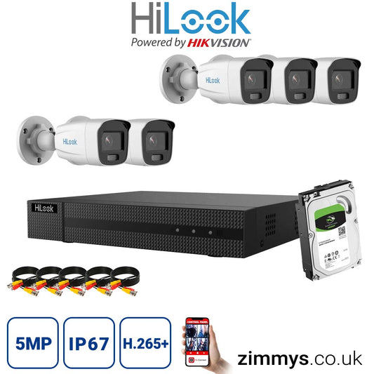 HiLook 5MP CCTV Kit 8CH 8MP NVR (NVR-108MH) with 5x Bullet Cameras (IPC-B159H) and 1TB HDD