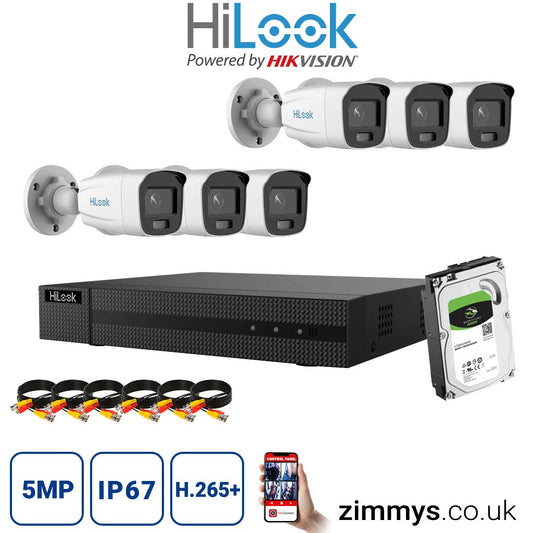 HiLook 5MP CCTV Kit 8CH 8MP NVR (NVR-108MH) with 6x Bullet Cameras (IPC-B159H) and 3TB HDD