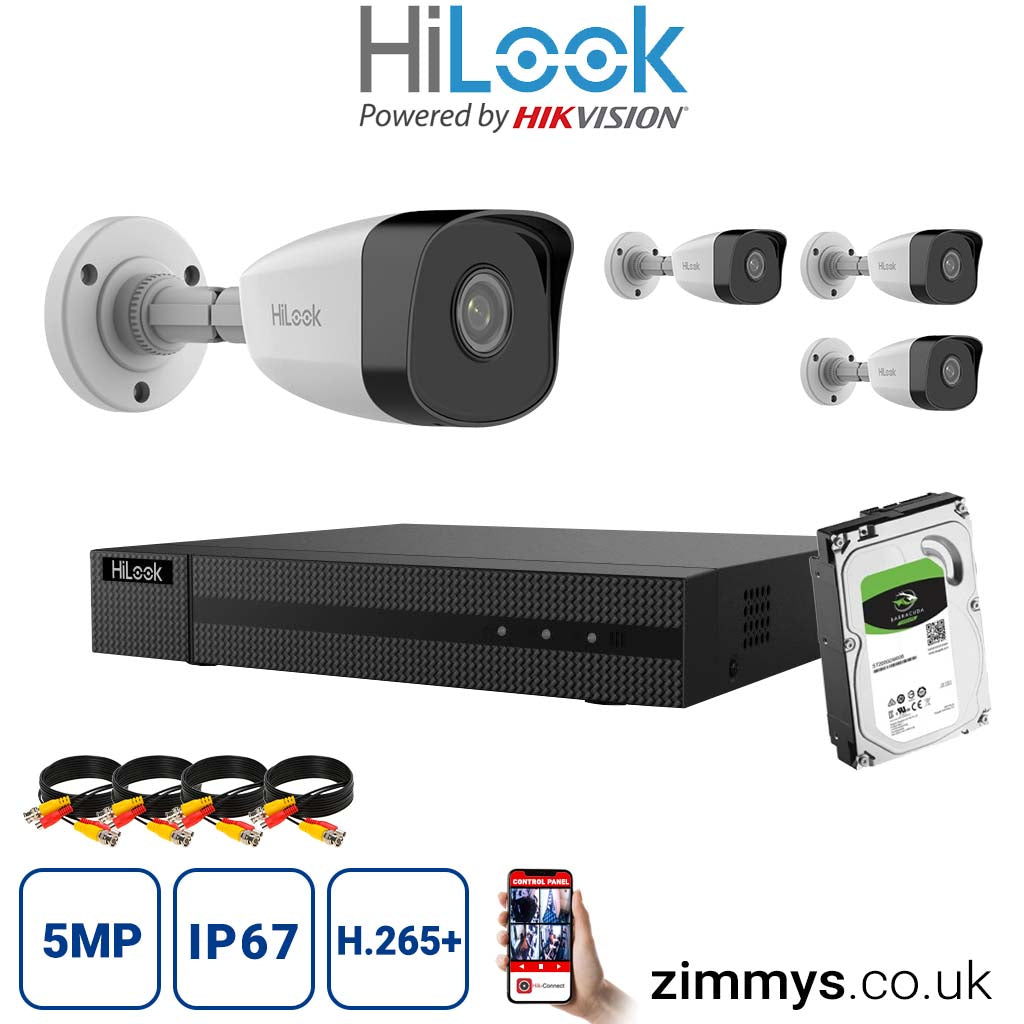 HikvisionN HiLook 8MP CCTV Kit 4CH NVR (NVR-104MH-C/4P) with 4x 5MP IP Bullet Cameras (IPC-B150H-M) and 2TB HDD