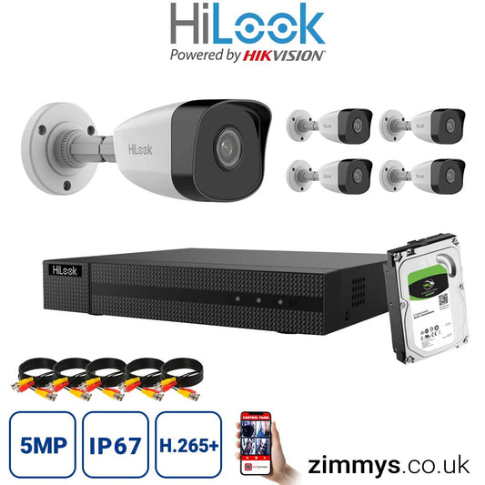 HIKVISION HiLook 8MP CCTV Kit 8CH NVR (NVR-108MH-C/8P) with 5x 5MP IP Bullet Cameras (IPC-B150H-M) and 2TB HDD