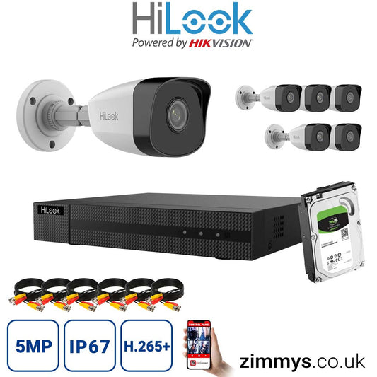 HIKVISION HiLook 8MP CCTV Kit 8CH NVR (NVR-108MH-C/8P) with 6x 5MP IP Bullet Cameras (IPC-B150H-M) and 4TB HDD