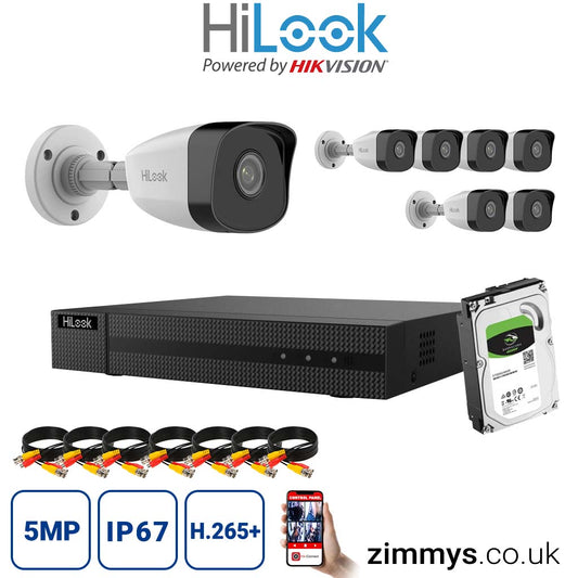 HIKVISION HiLook 8MP CCTV Kit 8CH NVR (NVR-108MH-C/8P) with 7x 5MP IP Bullet Cameras (IPC-B150H-M) and 1TB HDD