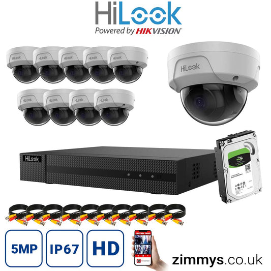HiLook 4K CCTV Kit 16CH NVR (NVR-116MH-C/16P) with 10x 5MP PoE Dome Cameras (IPC-D150H-M) and 1TB HDD