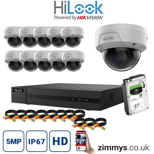 HiLook 4K CCTV Kit 16CH NVR (NVR-116MH-C/16P) with 11x 5MP PoE Dome Cameras (IPC-D150H-M) and 1TB HDD