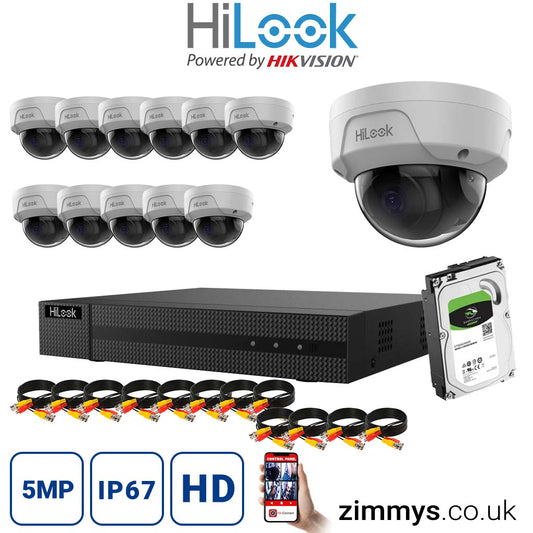 HiLook 4K CCTV Kit 16CH NVR (NVR-116MH-C/16P) with 12x 5MP PoE Dome Cameras (IPC-D150H-M) and 1TB HDD