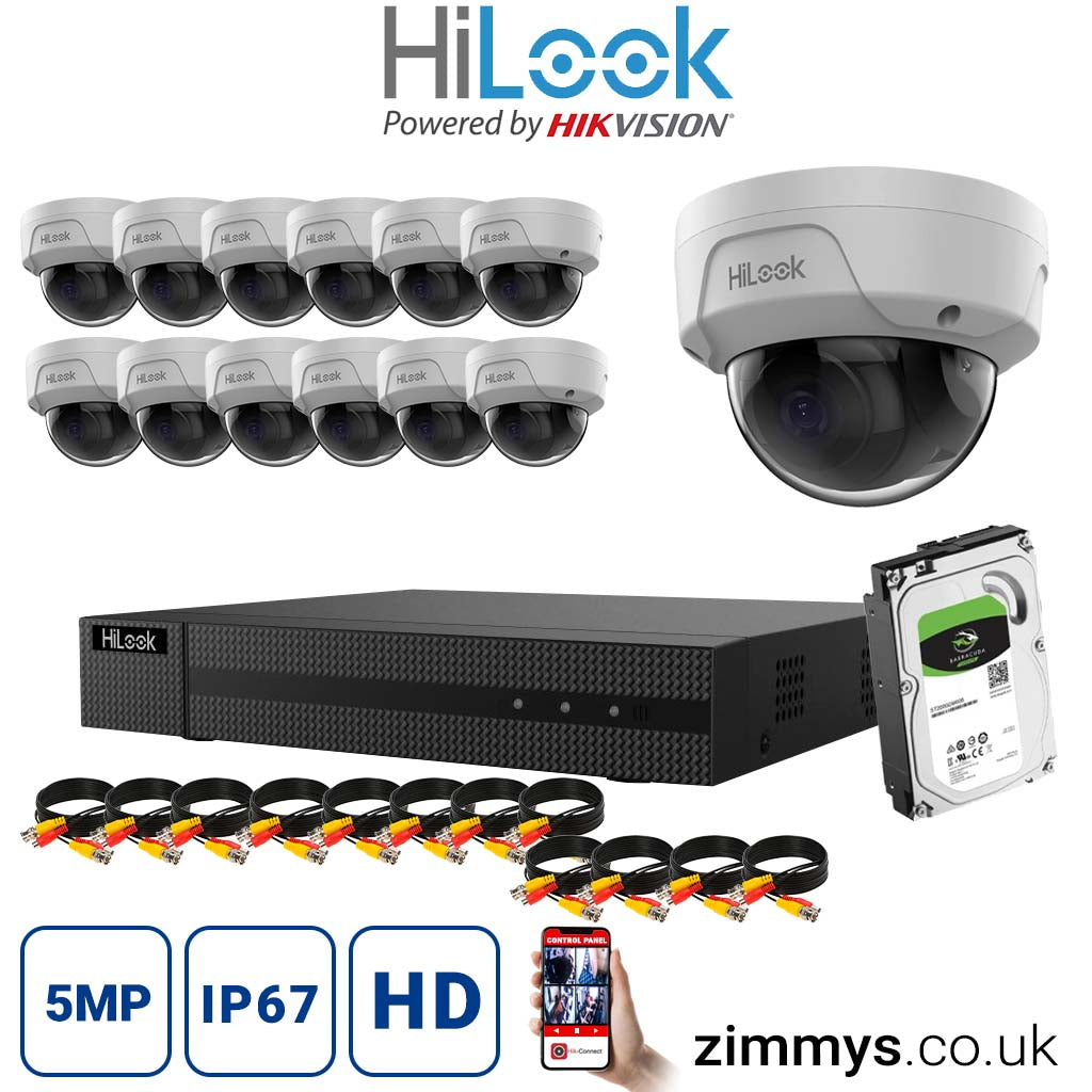 HiLook 4K CCTV Kit 16CH NVR (NVR-116MH-C/16P) with 13x 5MP PoE Dome Cameras (IPC-D150H-M) and 1TB HDD