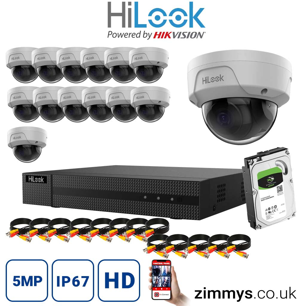 Hikvision HiLook 4K CCTV Kit 16CH NVR (NVR-116MH-C/16P) with 14x 5MP PoE Dome Cameras (IPC-D150H-M) and 4TB HDD