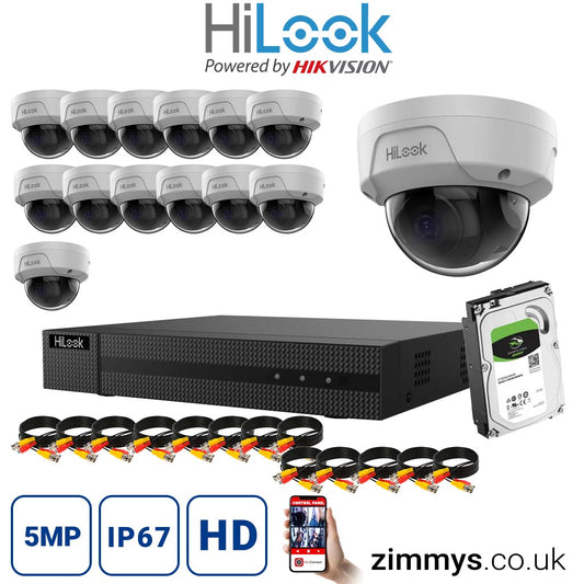 Hikvision HiLook 4K CCTV Kit 16CH NVR (NVR-116MH-C/16P) with 14x 5MP PoE Dome Cameras (IPC-D150H-M) and 1TB HDD