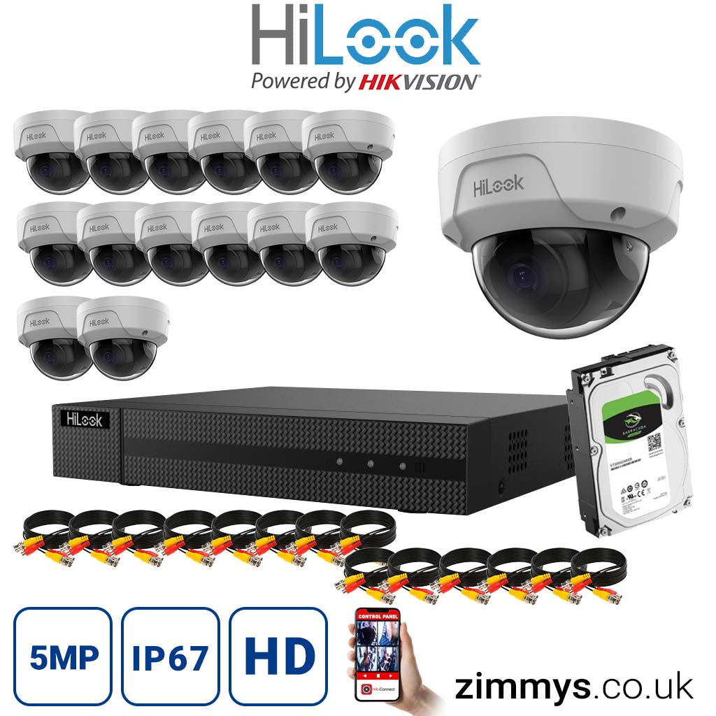Hikvision HiLook 4K CCTV Kit 16CH NVR (NVR-116MH-C/16P) with 15x 5MP PoE Dome Cameras (IPC-D150H-M) and 2TB HDD