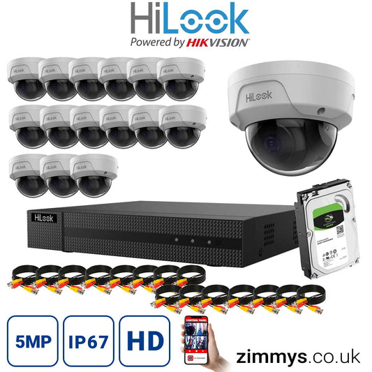 HiLook 4K CCTV Kit 16CH NVR (NVR-116MH-C/16P) with 16x 5MP PoE Dome Cameras (IPC-D150H-M) and 2TB HDD