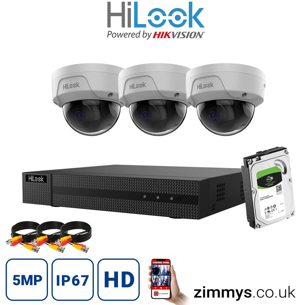HIKVISION HiLook 4K CCTV Kit 4CH NVR (NVR-104MH-C/4P) with 3x 5MP PoE Dome Cameras (IPC-D150H-M) and 4TB HDD