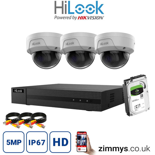 HIKVISION HiLook 4K CCTV Kit 4CH NVR (NVR-104MH-C/4P) with 3x 5MP PoE Dome Cameras (IPC-D150H-M) and 6TB HDD