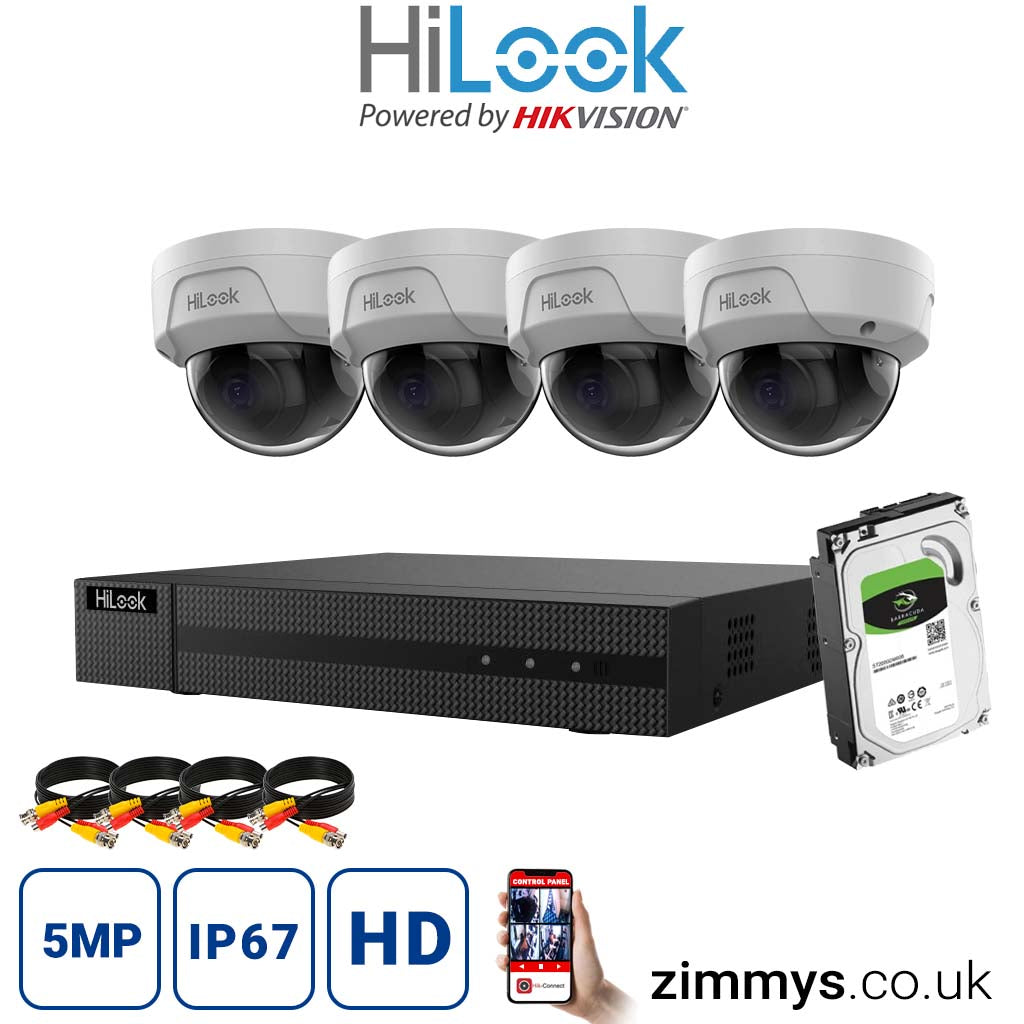 HIKVISION HiLook 4K CCTV Kit 4CH NVR (NVR-104MH-C/4P) with 4x 5MP PoE Dome Cameras (IPC-D150H-M) and 1TB HDD