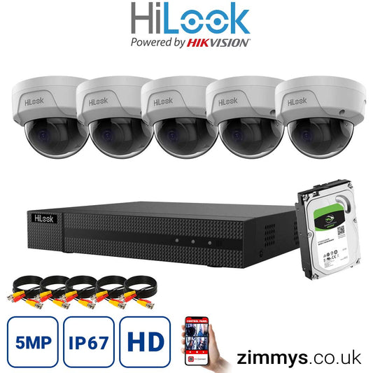 HIKVISION  HiLook 4K CCTV Kit 8CH NVR (NVR-108MH-C/8P) with 5x 5MP PoE Dome Cameras (IPC-D150H-M) and 2TB HDD