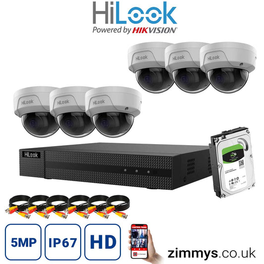 Hikvision  HiLook 4K CCTV Kit 8CH NVR (NVR-108MH-C/8P) with 6x 5MP PoE Dome Cameras (IPC-D150H-M) and 6TB HDD