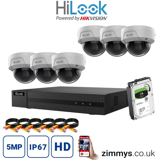 HIKVISION  HiLook 4K CCTV Kit 8CH NVR (NVR-108MH-C/8P) with 6x 5MP PoE Dome Cameras (IPC-D150H-M) and 1TB HDD