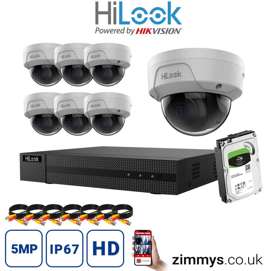Hikvision  HiLook 4K CCTV Kit 8CH NVR (NVR-108MH-C/8P) with 7x 5MP PoE Dome Cameras (IPC-D150H-M) and 1TB HDD