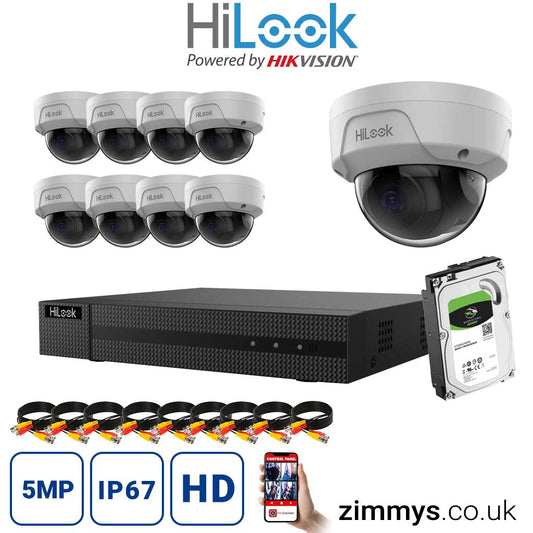 HiLook 4K CCTV Kit 16CH NVR (NVR-116MH-C/16P) with 9x 5MP PoE Dome Cameras (IPC-D150H-M) and 6TB HDD