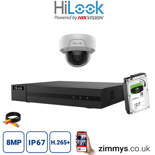 HiLook 8MP CCTV KIT 4CH DVR (NVR-104MH-C/4P) with 1x PoE Audio Dome Cameras (IPC-D180H-UF) and 2TB HDD