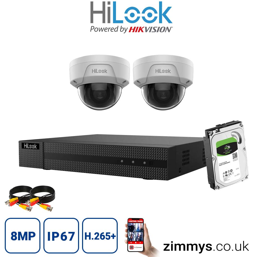 HiLook 8MP CCTV KIT 4CH DVR (NVR-104MH-C/4P) with 2x PoE Audio Dome Cameras (IPC-D180H-UF) and 4TB HDD