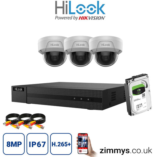 HiLook 8MP CCTV KIT 4CH DVR (NVR-104MH-C/4P) with 3x PoE Audio Dome Cameras (IPC-D180H-UF) and 3TB HDD