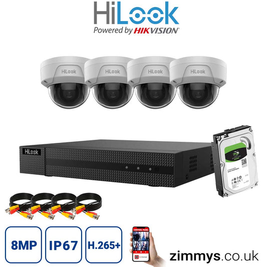 HiLook 8MP CCTV KIT 4CH DVR (NVR-104MH-C/4P) with 4x PoE Audio Dome Cameras (IPC-D180H-UF) and 1TB HDD