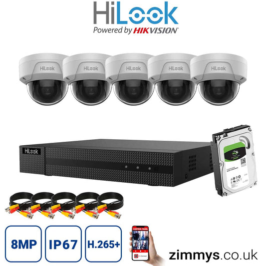HiLook 8MP CCTV Kit 8CH DVR (NVR-108MH-C/8P) with 5x PoE Audio Dome Cameras (IPC-D180H-UF) and 2TB HDD