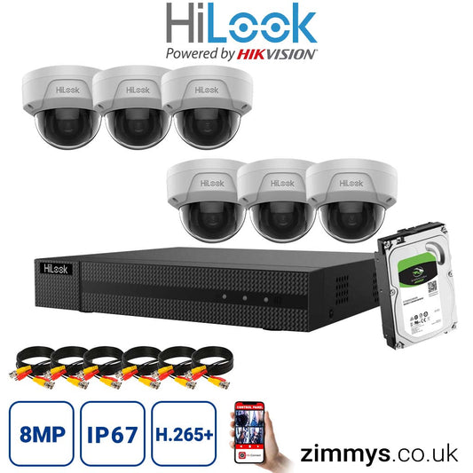 HiLook 8MP CCTV KIT 8CH DVR (NVR-108MH-C/8P) with 6x PoE Audio Dome Cameras (IPC-D180H-UF) and 4TB HDD