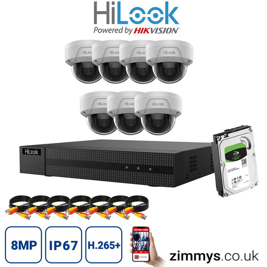 HiLook 8MP CCTV KIT 8CH DVR (NVR-108MH-C/8P) with 7x PoE Audio Dome Cameras (IPC-D180H-UF) and 3TB HDD