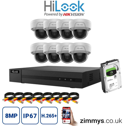 HiLook 8MP CCTV KIT 8CH DVR (NVR-108MH-C/8P) with 8x PoE Audio Dome Cameras (IPC-D180H-UF) and 2TB HDD