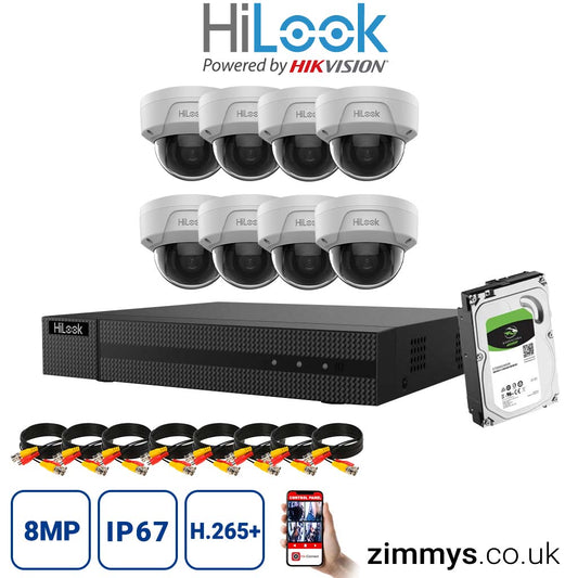 HiLook 8MP CCTV KIT 8CH DVR (NVR-108MH-C/8P) with 8x PoE Audio Dome Cameras (IPC-D180H-UF) and 1TB HDD