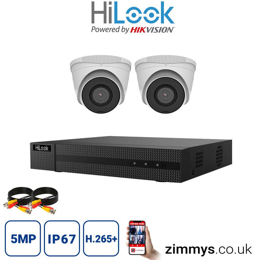 Hikvision HiLook 5MP CCTV Kit 4 Channel NVR (NVR-104MH-C) with 2x turret (IPC-T250H White) without HDD