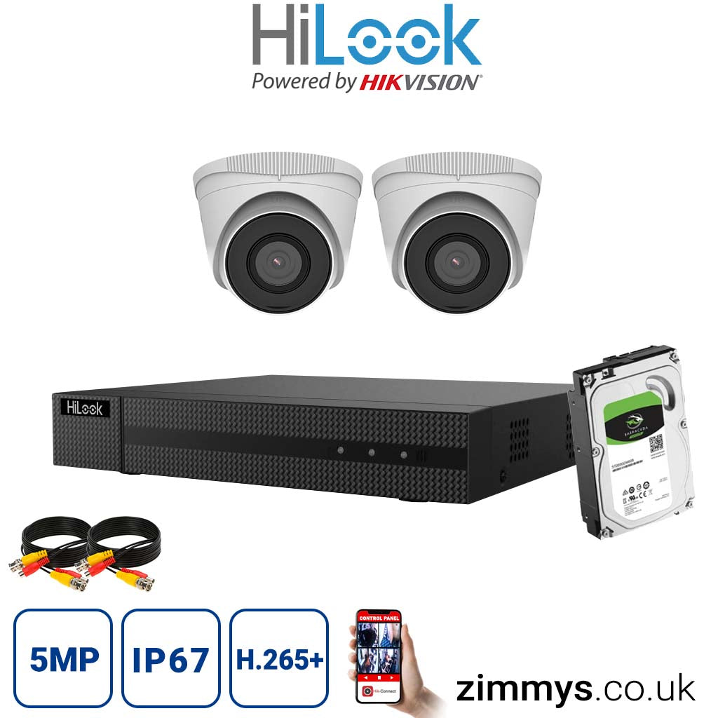 HIKVISION HiLook 5MP CCTV Kit 4 Channel NVR (NVR-104MH-C-BLACK) with 2x turret (IPC-T250H/White) and 6TB HDD