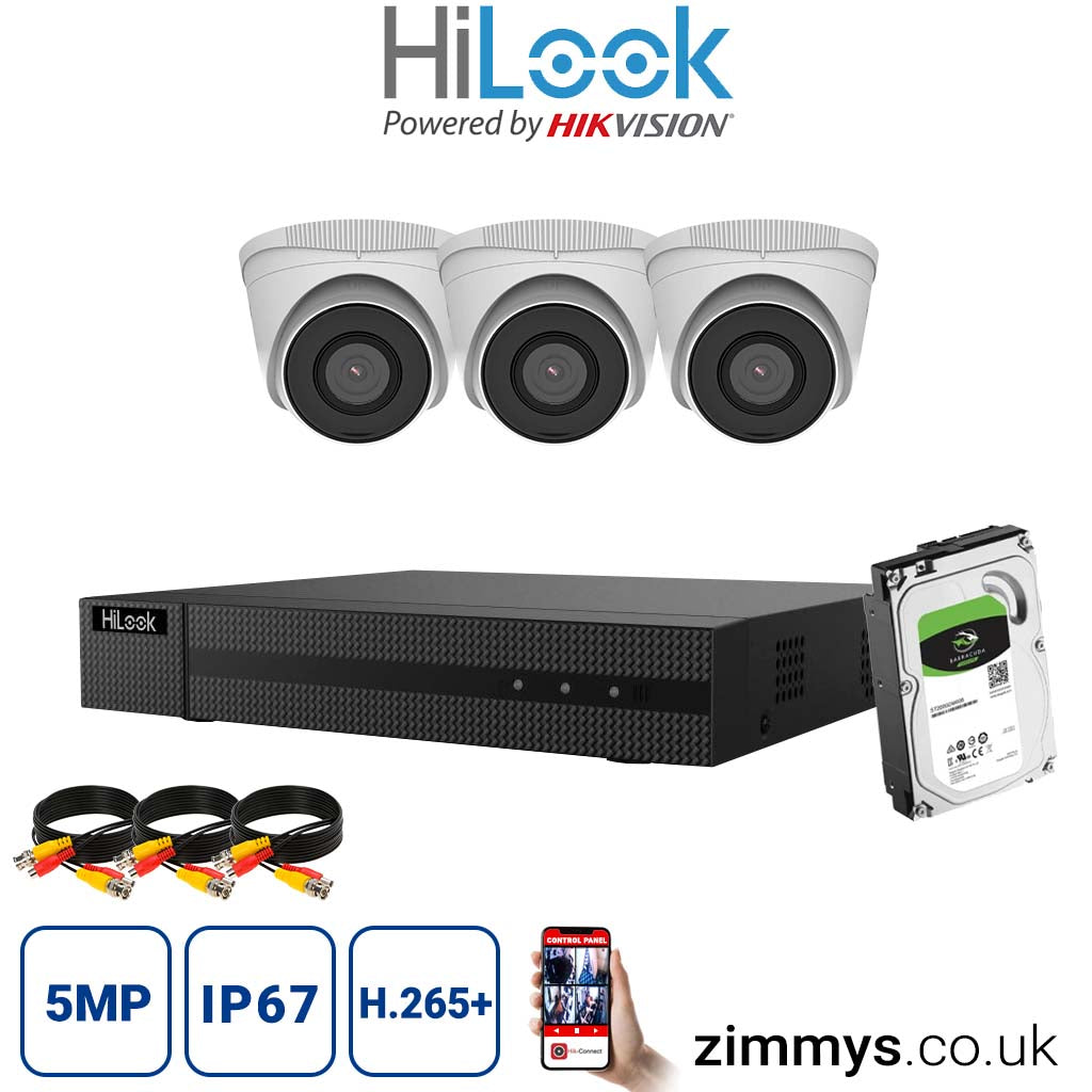 Hikvision HiLook 5MP CCTV Kit 4 Channel NVR (NVR-104MH-C) with 3x turret (IPC-T250H White) and 1TB HDD