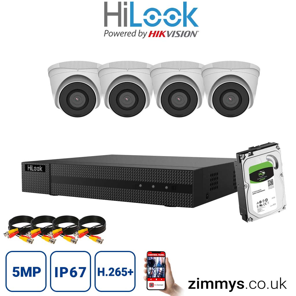HIKVISION HiLook 5MP CCTV Kit 4 Channel NVR (NVR-104MH-C) with 4x turret (IPC-T250H White) and 1TB HDD