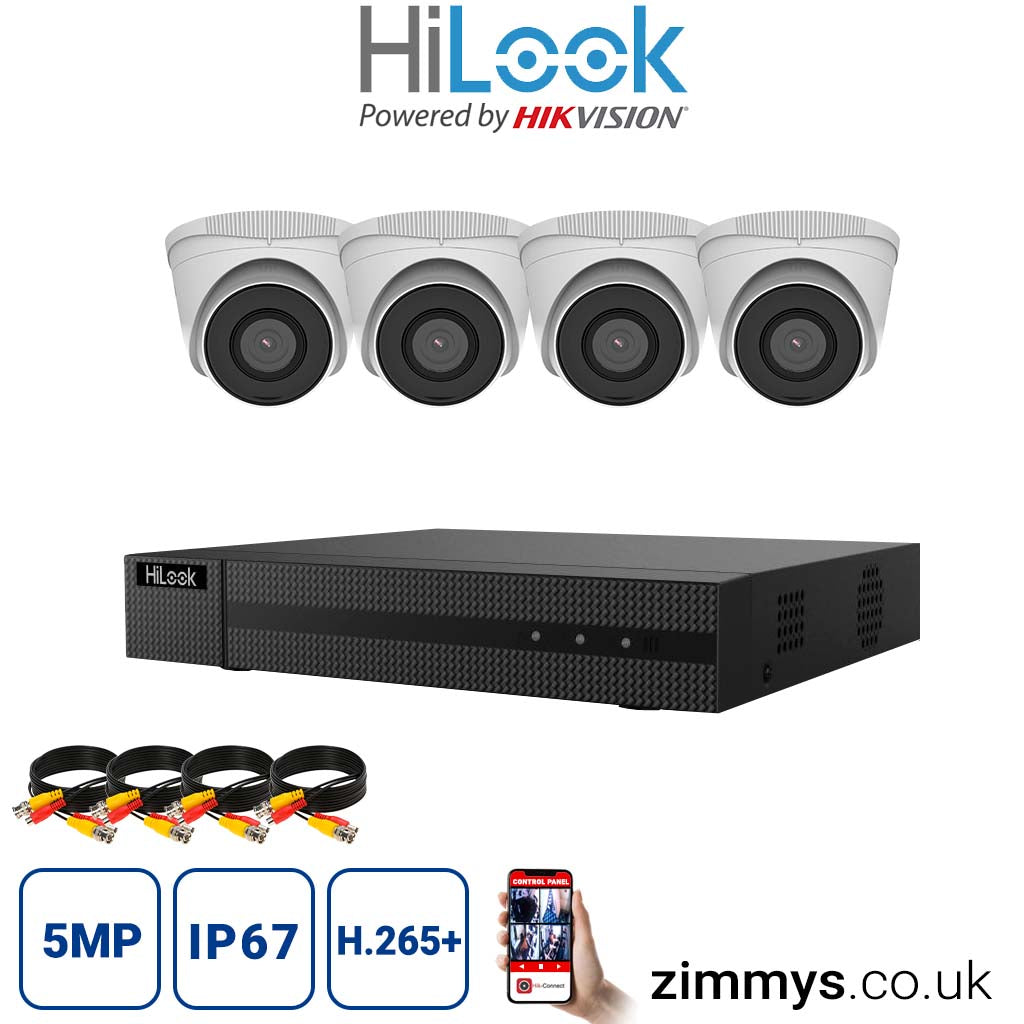 Hikvision HiLook 5MP CCTV Kit 4 Channel NVR (NVR-104MH-C) with 4x turret (IPC-T250H White) without HDD