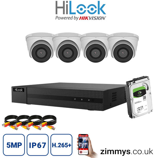 HIKVISION HiLook 5MP CCTV Kit 8 Channel NVR (NVR-108MH-C) with 4x turret (IPC-T250H White) and 6TB HDD