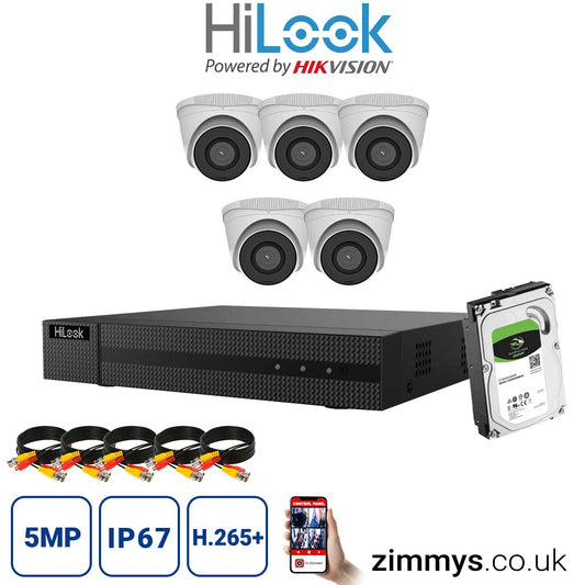 HIKVISION HiLook 5MP CCTV Kit 8 Channel NVR (NVR-108MH-C) with 5x turret (IPC-T250H White) and 1TB HDD