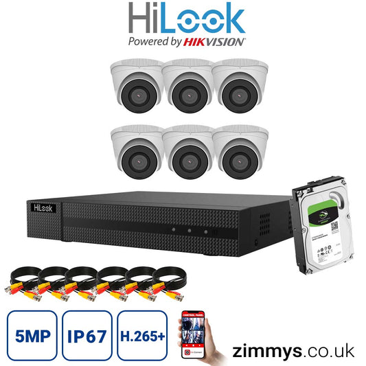 Hikvision HiLook 5MP CCTV Kit 8 Channel NVR (NVR-108MH-C) with 6x turret (IPC-T250H White) and 1TB HDD