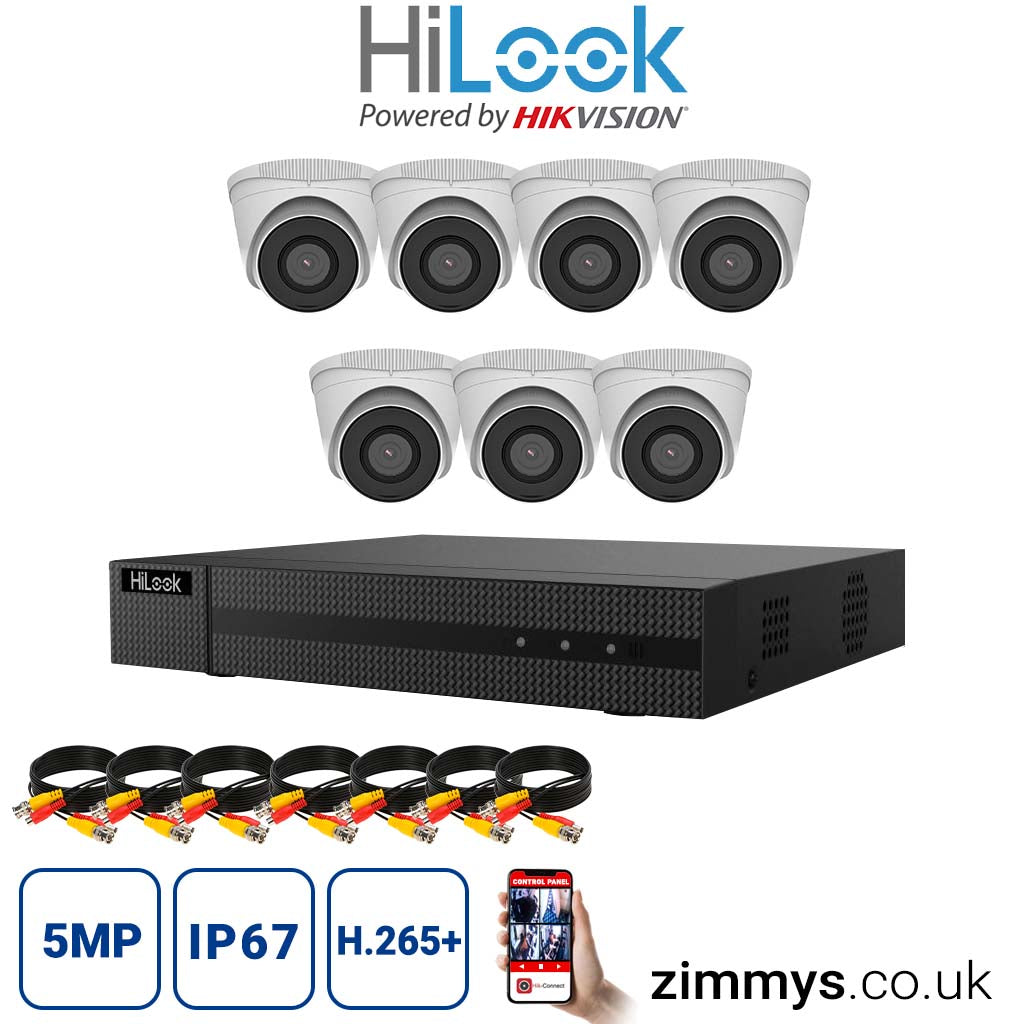 Hikvision HiLook 5MP CCTV Kit 8 Channel NVR (NVR-108MH-C) with 7x turret (IPC-T250H White) without HDD