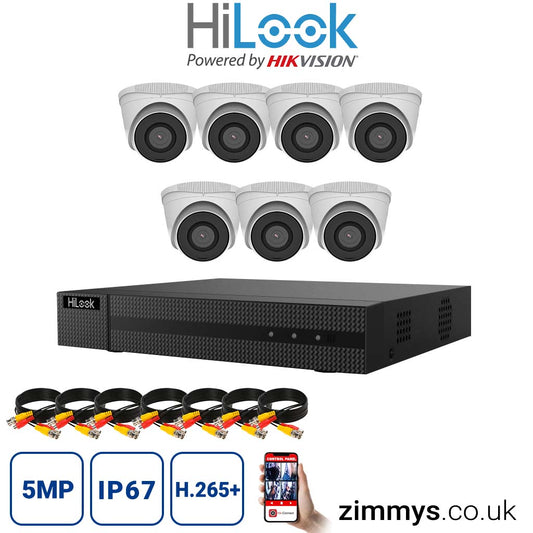 Hikvision HiLook 5MP CCTV Kit 8 Channel NVR (NVR-108MH-C) with 7x turret (IPC-T250H White) without HDD