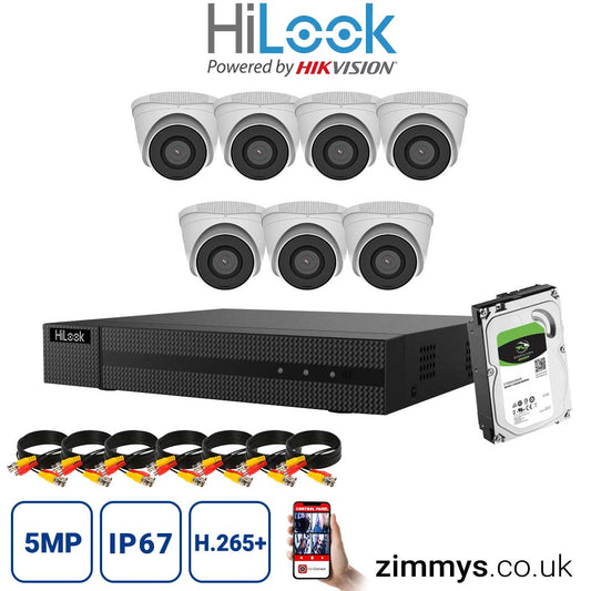 Hikvision HiLook 5MP CCTV Kit 8 Channel NVR (NVR-108MH-C) with 7x turret (IPC-T250H White) and 1TB HDD