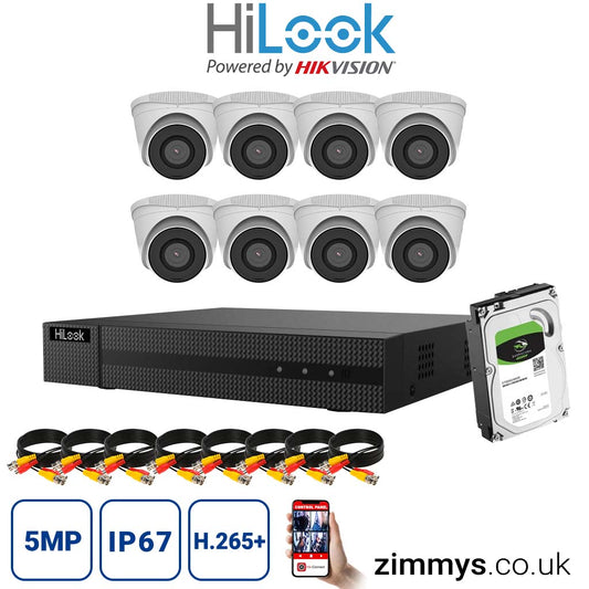 HIKVISION HiLook 5MP CCTV Kit 8 Channel NVR (NVR-108MH-C) with 8x turret (IPC-T250H White) and 2TB HDD