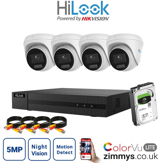 HIKVISION Hilook 5MP CCTV Kit 8 Channel NVR (NVR-108MH-C-8P) with 4x Turret PoE ColorVu Camera(IPC-T259H) and 4TB HDD
