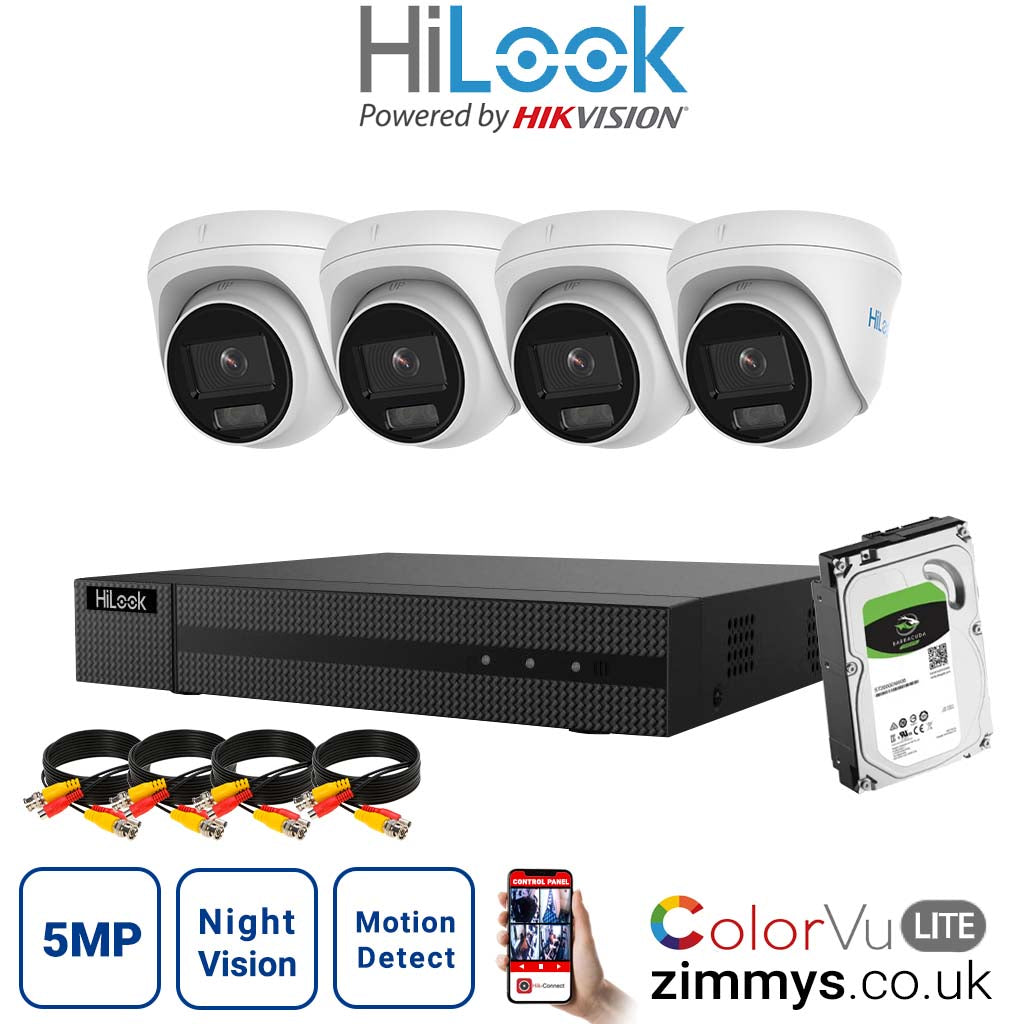 HIKVISION Hilook 5MP CCTV Kit 4 Channel NVR (NVR-104MH-C-4P) with 4x Turret PoE ColorVu Camera (IPC-T259H)and 1TB HDD