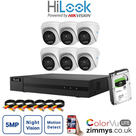 Hikvision Hilook 5MP CCTV Kit 8 Channel NVR (NVR-108MH-C-8P) with 6x Turret PoE ColorVu Camera(IPC-T259H) and 2TB HDD